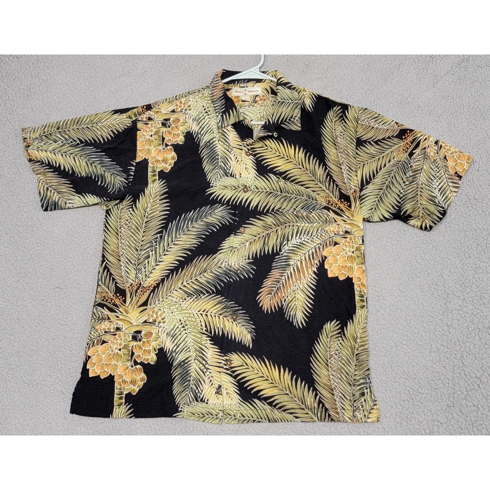 Tommy Bahama Shirt Mens Medium Black Silk‎ Palm Tree Floral Hawaiian Loop Collar